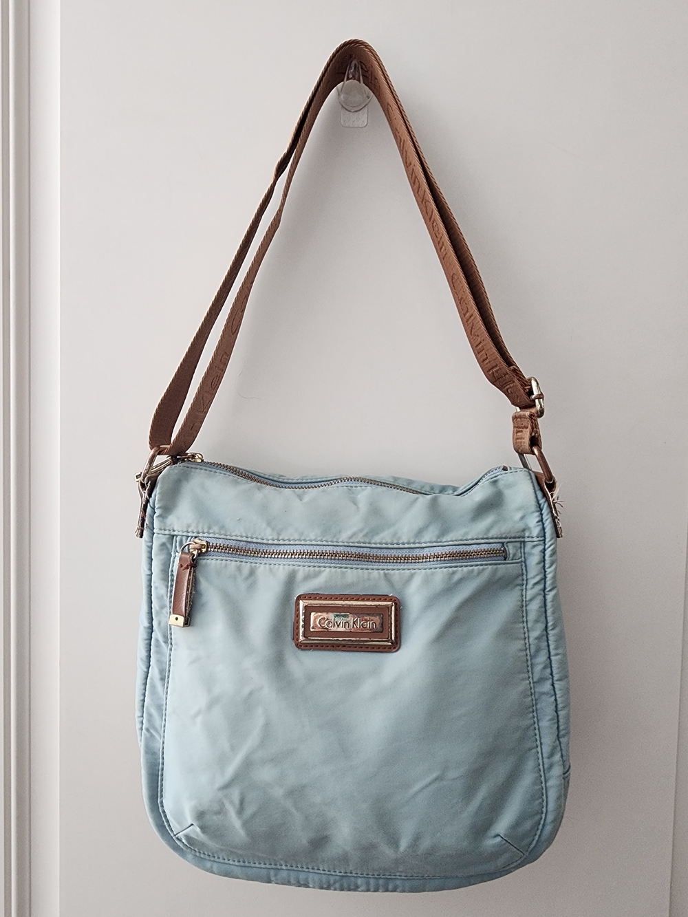 Calvin Klein Blue Nylon Shoulder Bag Brown Strap Gold Hardware